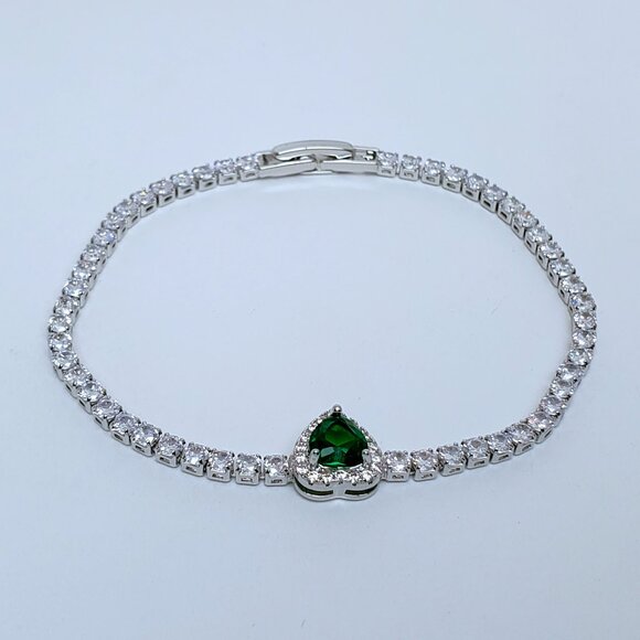 Sterling Silver Womens 2ct Green Emerald Gemstone 1ct Diamond Tennis Bracelet - Picture 6 of 7